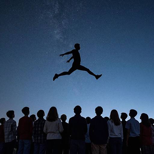 Silhouetted crowd watches person mid-air jump against a starry night sky. Photograph captures dynamic motion and celestial backdrop.