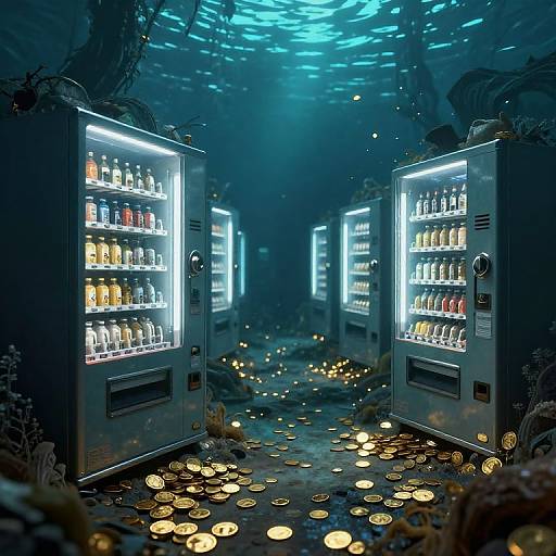Photorealistic CGI of two illuminated vending machines with glowing liquor bottles, surrounded by scattered coins and bioluminescent light on a dark, underwater-like