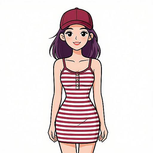 Cartoon-style digital drawing of a smiling young woman with dark purple hair, wearing a red baseball cap, red and white striped tank dress, and standing