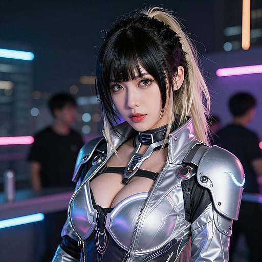 Photorealistic CGI of an East Asian woman with black and blonde hair, wearing metallic armor with a revealing chest design, in a neon-lit urban