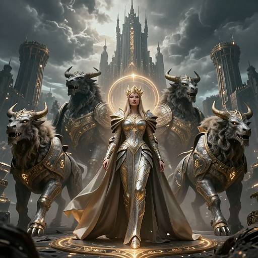 Digital artwork: Regal woman in golden armor and crown stands before two horned minotaurs, halo glowing, grand castle in stormy sky background