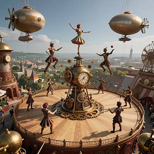 Steampunk-themed circus platform with dancing figures, clock, and flying spheres, set against a sunny cityscape, in vibrant digital illustration.