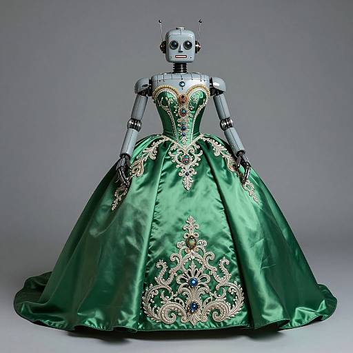 60s Robot in Green Satin Ballgown