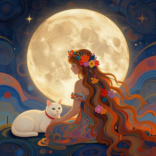 Digital artwork of a woman with long, flowing, multicolored hair and flower crown, seated beside a white cat, in front of a large,