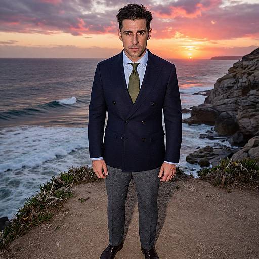 Photograph of a handsome man in a dark suit, green tie, and gray pants standing on a rocky cliff at sunset, with an ocean and colorful