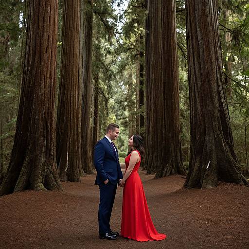 Photograph of a couple standing hand-in-hand in a redwood forest; man in blue suit, woman in red gown, tall trees in background.