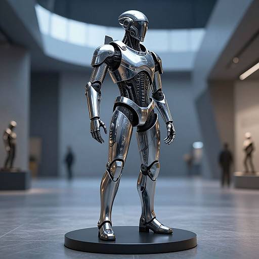 Photograph of a sleek, shiny, humanoid robot statue with detailed metallic armor, standing on a round black base in a modern, dimly lit gallery