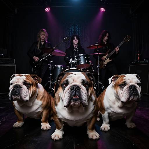 Photograph of three English bulldogs in front of a rock band with two guitarists and a drummer on stage under purple lights.