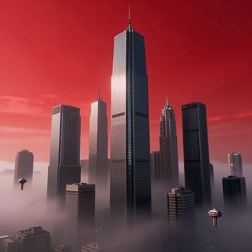 Photograph of a city skyline with tall skyscrapers, bathed in a vivid red sky, shrouded in mist, featuring a prominent central