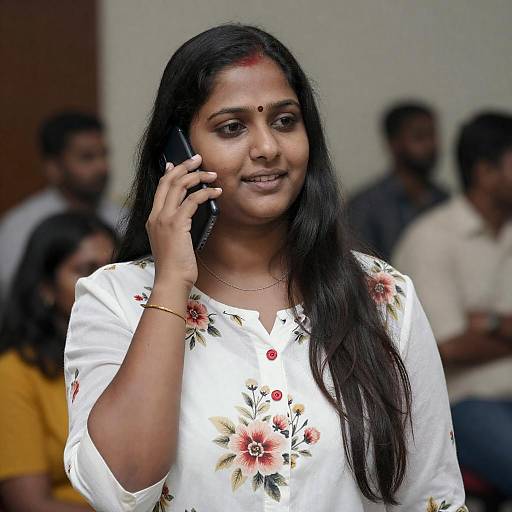 Smiling Indian Woman Talking on Phone