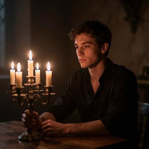 Candlelit Medieval Portrait at Wooden Table