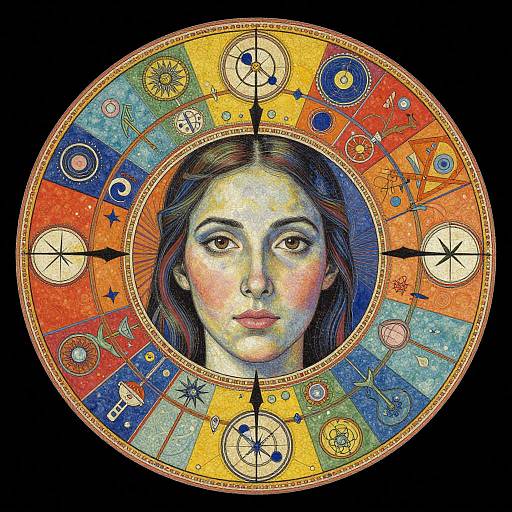 Digital artwork of a serene woman with fair skin and brown hair at the center of a colorful, celestial-themed, circular mandala.