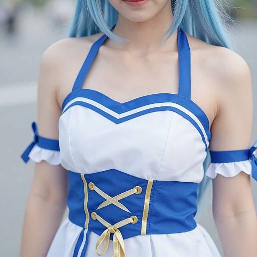 Photograph of a woman with blue hair wearing a blue and white strapless cosplay dress with gold lace-up front, frilled sleeves.