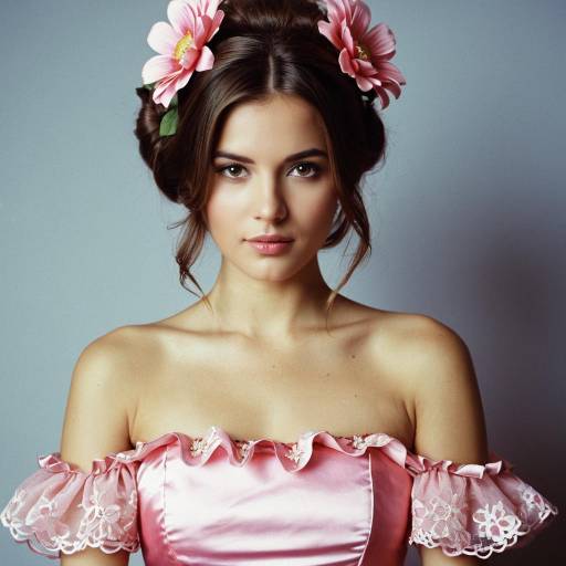 Young Woman in Pink Floral Dress with Hair Flowers