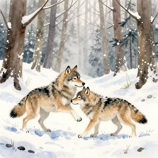 Playful Wolf Cubs in Snowy Forest