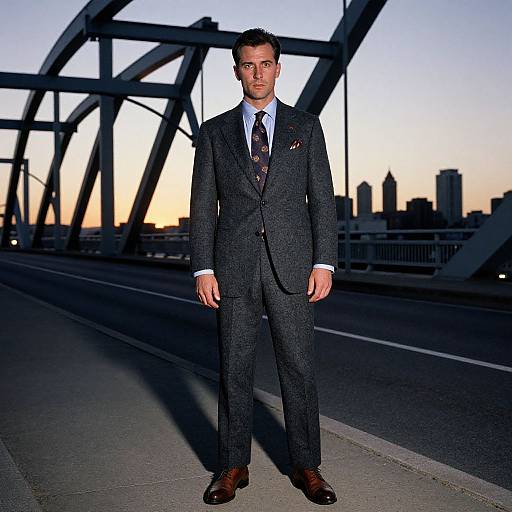 Photograph of a handsome man in a dark gray suit, white shirt, and blue tie, standing on a bridge at sunset, silhouetted