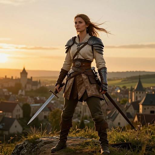Photograph of a fierce female warrior in medieval armor, holding a sword, standing on a hill at sunset with a village and castle in the background.