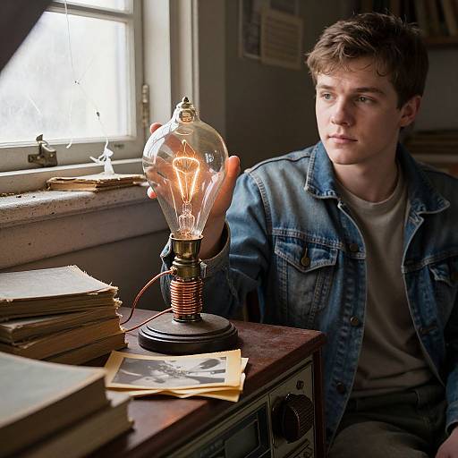 Photograph of a young man with short brown hair, wearing a denim jacket, gazing at a glowing, vintage-style light bulb on a wooden table