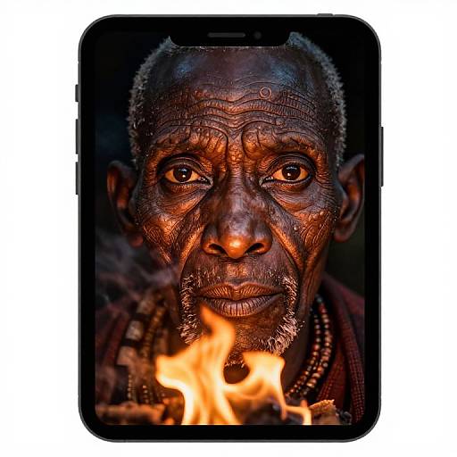 Photograph of an elderly African man with deeply wrinkled, dark brown skin, intense eyes, and beaded necklace, illuminated by a small fire in