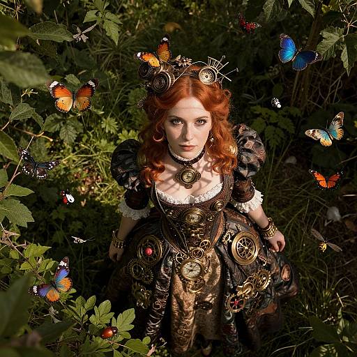 Photograph of a pale, red-haired woman in a Victorian-inspired, ornate, gold and black dress surrounded by colorful butterflies in a lush, green