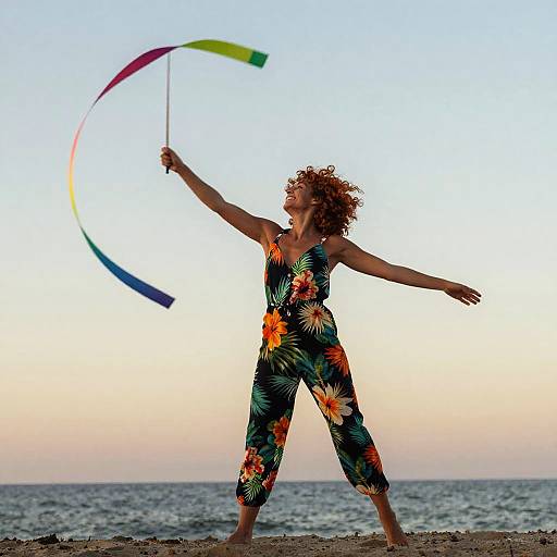 Joyful Woman Spinning on Shore