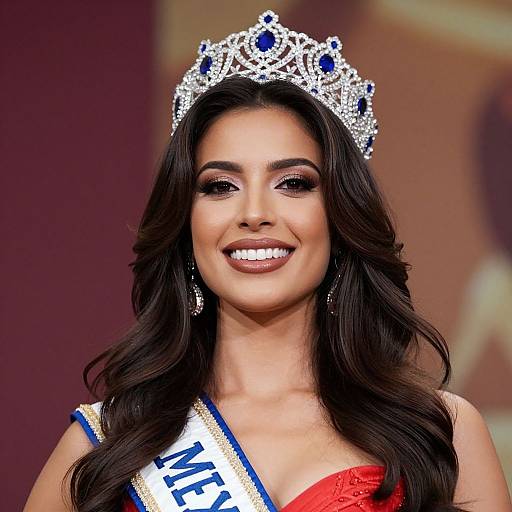 Photograph of a smiling Latina woman with long dark hair, wearing a silver tiara, red dress, and blue sash with 