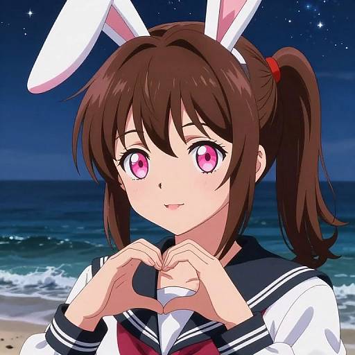 Anime-style digital artwork of a cute girl with brown hair, pink eyes, and bunny ears, wearing a sailor uniform, making a heart shape with her