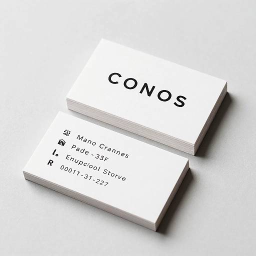 Photograph of two white business cards with black text, 