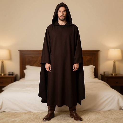 Photograph of a bearded man in a black hooded cloak, standing in a bedroom with a made bed and lit lamps.