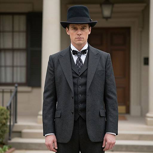 Photograph of a pale-skinned man in a black Victorian-style suit, bow tie, and black hat, standing in front of a classic building.