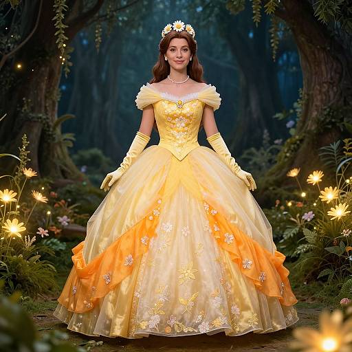 Photograph of a young woman in a golden, floral-embellished ball gown with orange layers, white gloves, and tiara, standing in