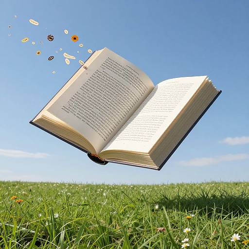 Photograph of an open book floating above a green grassy field with daisies, against a clear blue sky. Pages and words appear to be