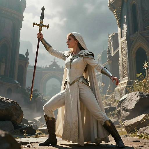 Female Cleric in Action Pose with Staff