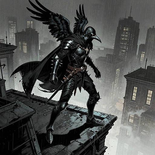 Gothic Assassin in Foggy Cityscape