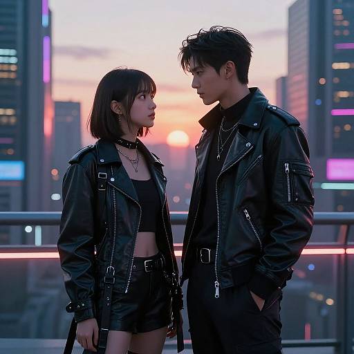 Photograph of a young Asian couple in black leather jackets, standing on a balcony at sunset in a neon-lit city. The woman has short dark