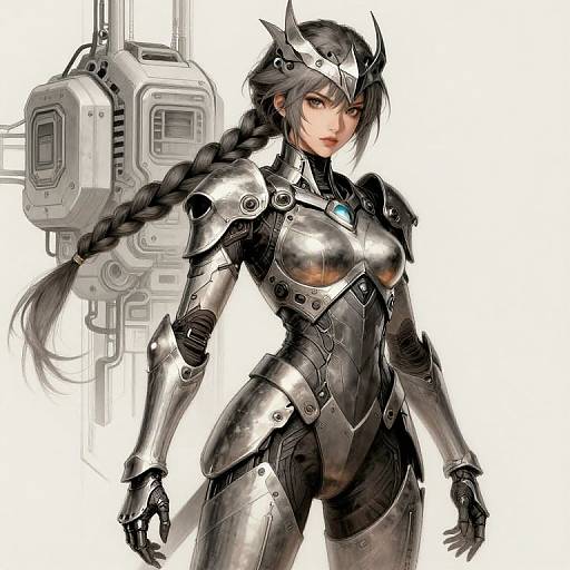 Digital illustration of a fierce, armored female warrior with long black braid, metallic suit, and futuristic headpiece, standing confidently. Background features intricate,