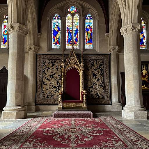 Photograph of a Gothic-style church interior featuring a gold throne with red velvet, ornate black and gold backdrop, colorful stained glass windows, and a