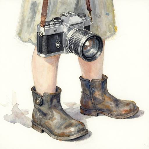 Digital painting of a person's legs wearing brown leather boots, holding a vintage silver camera with a large lens, and a beige skirt. White background.