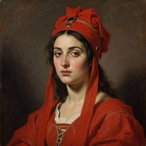 Baroque-style painting of a young woman with fair skin, dark hair, and brown eyes, wearing a red headdress and red robe with gold accents