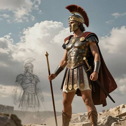 Photograph of muscular man in detailed ancient Greek warrior armor, with red plume, holding spear, against bright sky and rocky landscape. Sketch of same