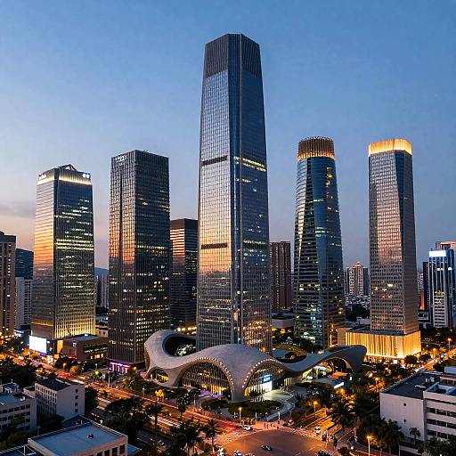 Photograph of a modern city skyline at dusk, showcasing tall, illuminated skyscrapers with reflective glass, a curved white building in the foreground, and