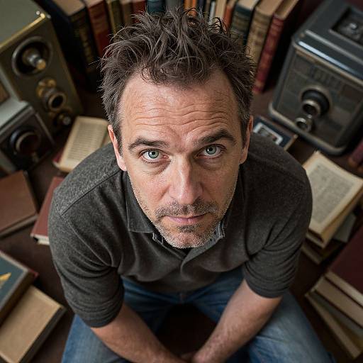 Photograph of a middle-aged man with short, dark, slightly messy hair and blue eyes, wearing a gray polo shirt, sitting in a cluttered