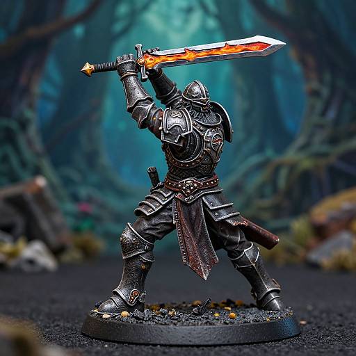 Photograph of a detailed, silver medieval knight figurine wielding a glowing orange sword, standing in a dark, forested background.