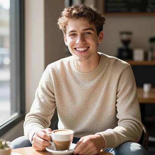 Warm Smile in Sunlit Coffee Shop