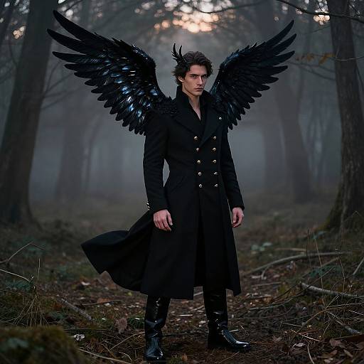 Photograph of a young man with dark, glossy black angel wings standing in a foggy forest, wearing a long black coat and boots, with a