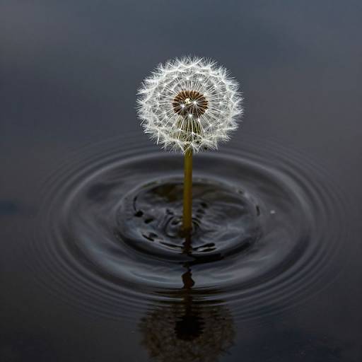 Photograph of a white dandelion seed head floating on dark, rippling water, with subtle reflections and gentle ripples surrounding the stem.