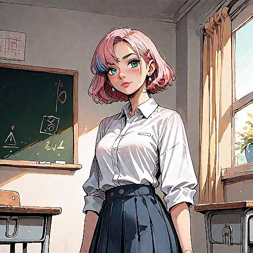 Digital anime-style drawing of a pink-haired, blue-eyed girl in a white shirt and navy skirt standing in a sunlit classroom. Chalkboard and