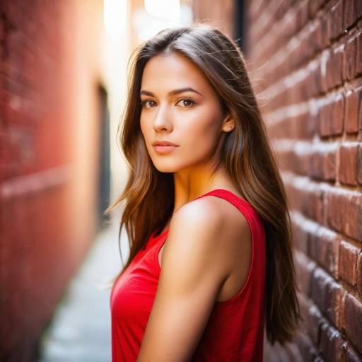 Young Woman in Red Tank Top by Brick Wall