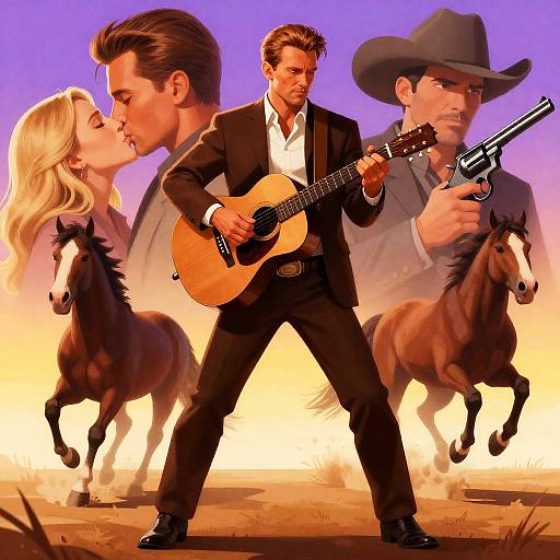 Western Scene with Guitar Player and Horses