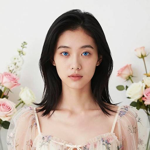 Photograph of a young Asian woman with black hair, blue eyes, wearing a sheer, floral-embellished top, standing against a white background
